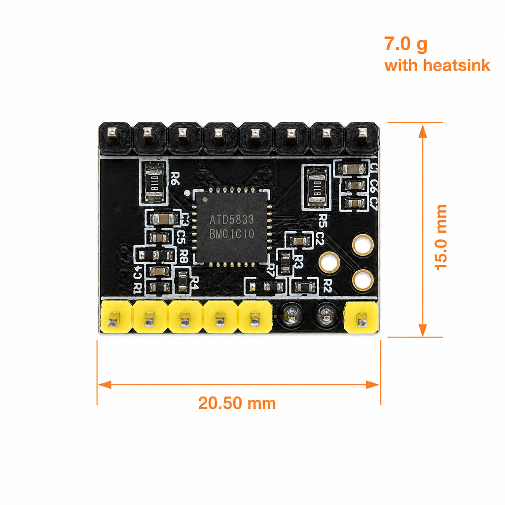 ATD5833 module dimensions 20.50 by 15.0 millimetres and 7 gram weight with heatsink