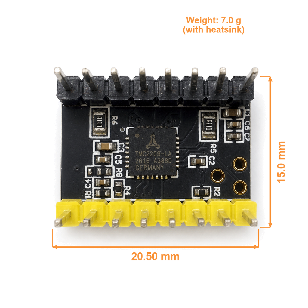 TMC2209 module dimensions 20.50 by 15.0 millimetres and 7 gram weight