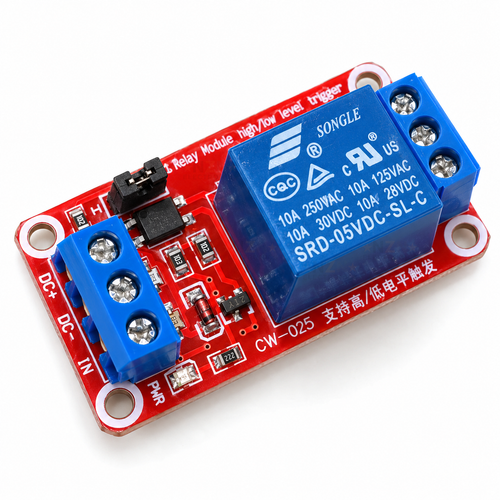 1-channel 5V relay module with a Songle SRD-05VDC-SL-C relay, black high/low trigger jumper and blue screw terminals