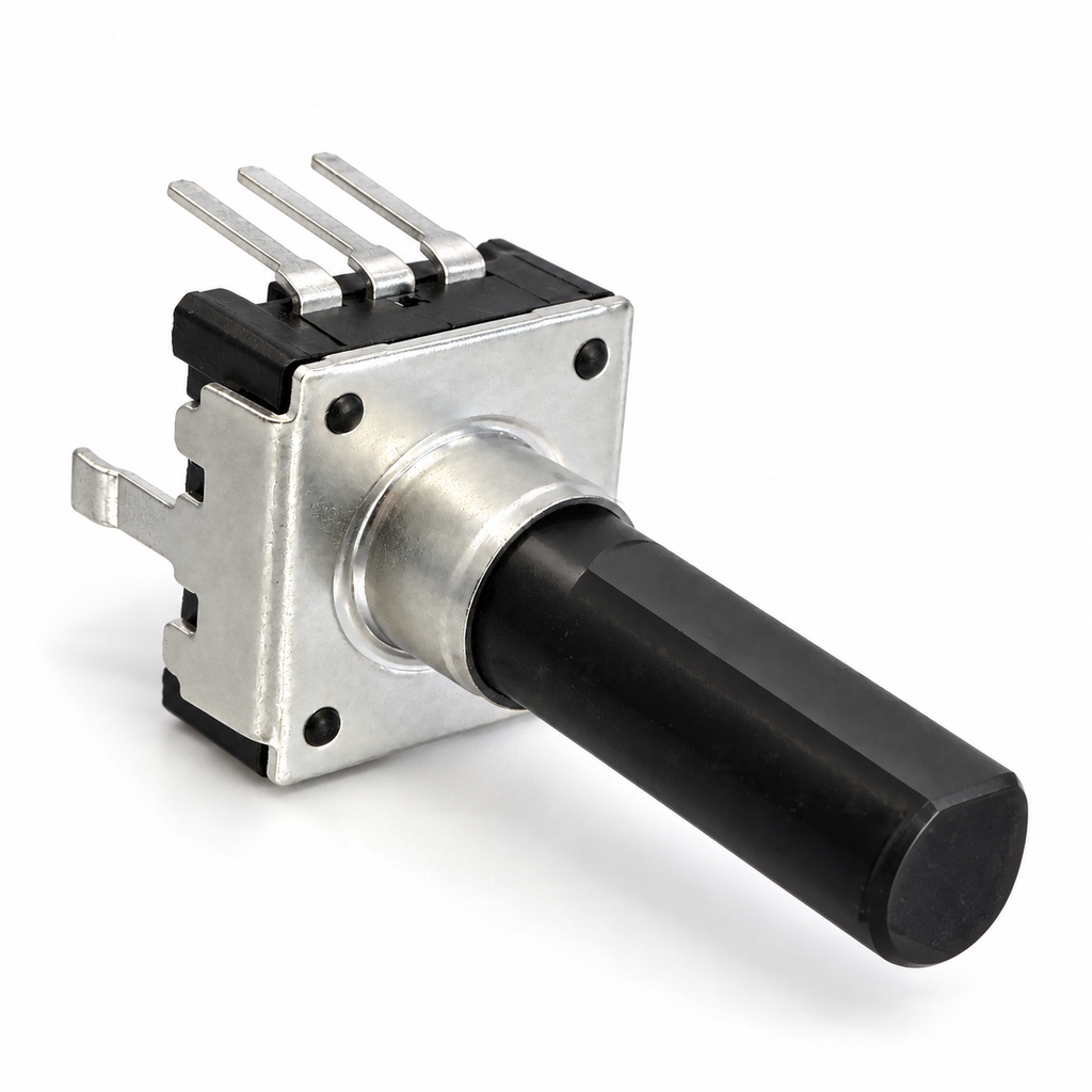12mm detentless rotary encoder at an angle, showing the steel front plate, smooth collar and black 6mm D shaft with its single flat on top, plus the three PCB pins