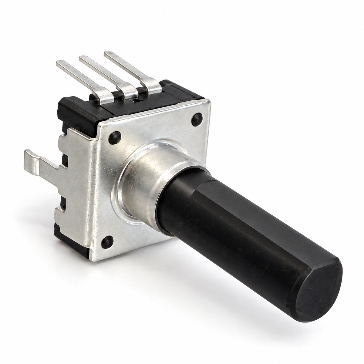 12mm detentless rotary encoder at an angle, showing the steel front plate, smooth collar and black 6mm D shaft with its single flat on top, plus the three PCB pins