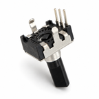 12mm rotary encoder turned shaft-down, with its three PCB pins and two frame tabs pointing up