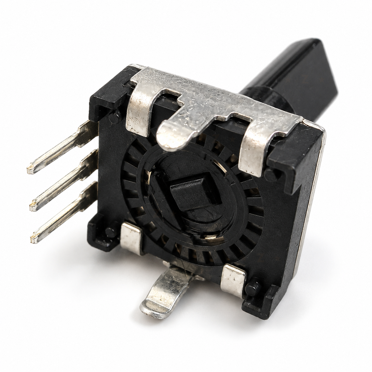 Rear of the 12mm encoder showing the open contact ring, square shaft end, frame tabs and the three pins along one side