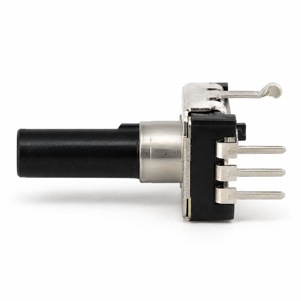 Side view of the 12mm rotary encoder: square-cut D shaft on the left with the flat along its top edge, three PCB pins and curled frame tab on the right