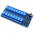 16-channel 5V relay module with two rows of eight blue relays, screw terminals along both edges, optocoupler inputs and an LM2596S regulator with capacitors at the power end