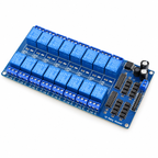 16-channel 5V relay module with two rows of eight blue relays, screw terminals along both edges, optocoupler inputs and an LM2596S regulator with capacitors at the power end