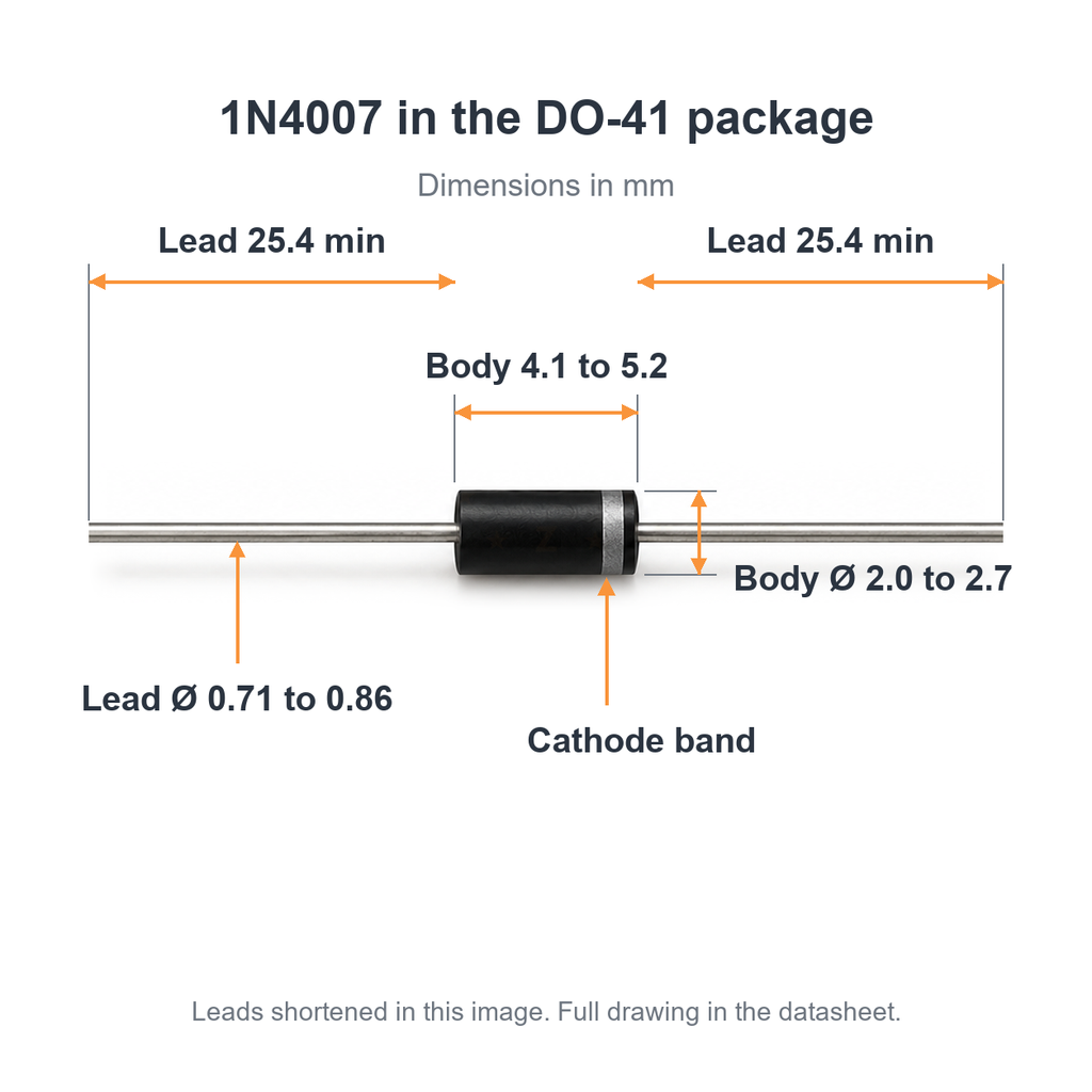 DO-41 package dimensions: body 4.1 to 5.2mm long, 2.0 to 2.7mm diameter, leads 0.71 to 0.86mm, 25.4mm minimum each