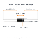 DO-41 package dimensions: body 4.1 to 5.2mm long, 2.0 to 2.7mm diameter, leads 0.71 to 0.86mm, 25.4mm minimum each