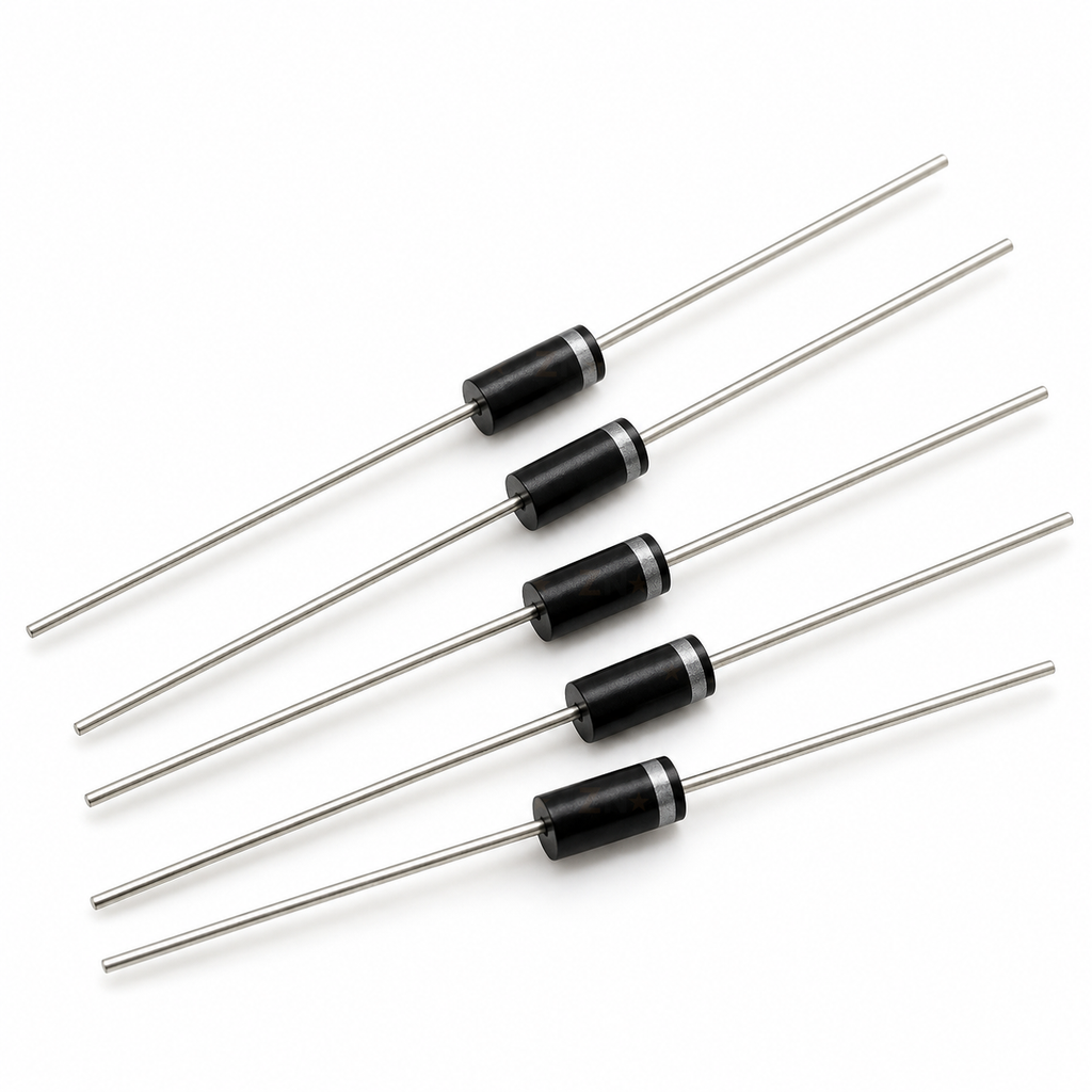 Five 1N4007 rectifier diodes with black DO-41 bodies, silver cathode bands and straight leads