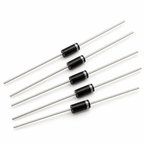 Five 1N4007 rectifier diodes with black DO-41 bodies, silver cathode bands and straight leads