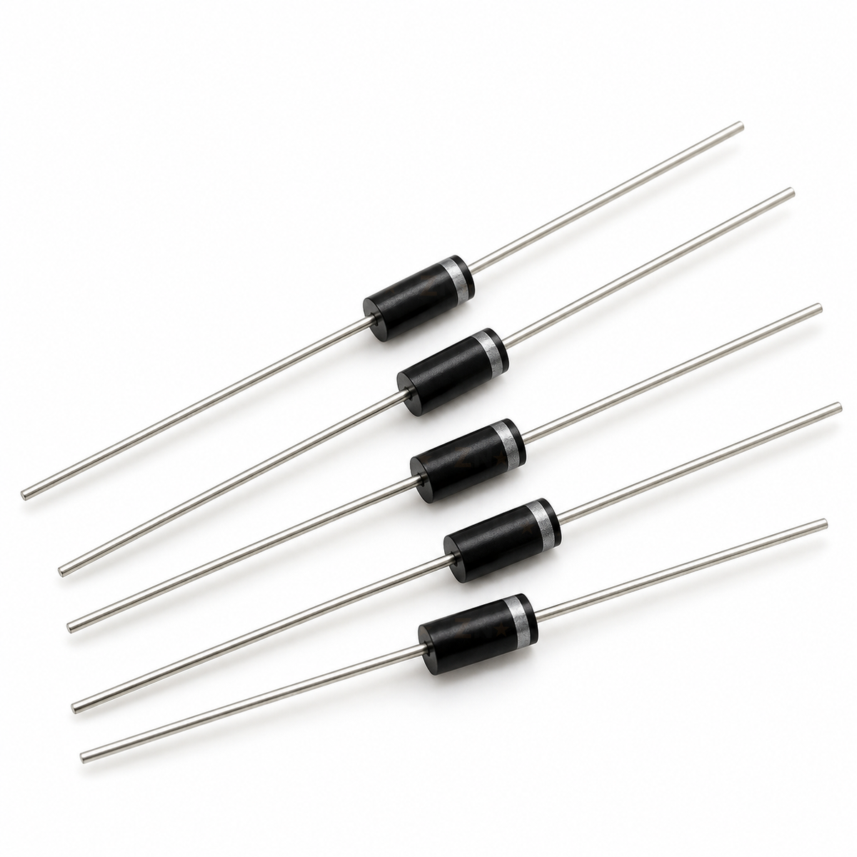 Five 1N4007 rectifier diodes with black DO-41 bodies, silver cathode bands and straight leads