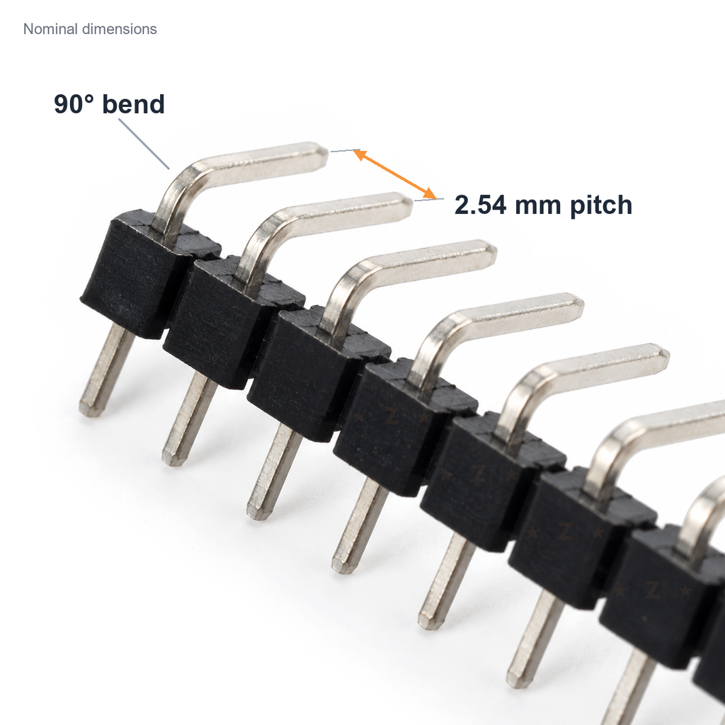 Right-angle header close-up marked with the 2.54mm pitch between pins and the 90 degree bend