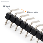 Right-angle header close-up marked with the 2.54mm pitch between pins and the 90 degree bend