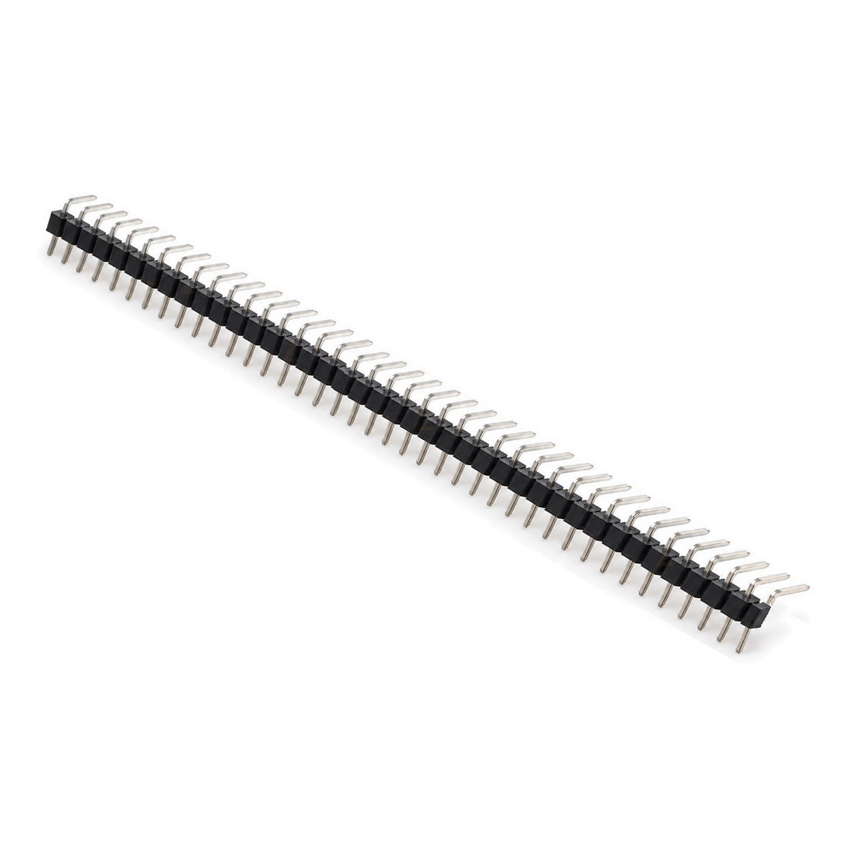 One 40-pin 2.54mm right-angle male header strip, every pin bent 90 degrees above the black plastic with a straight leg below