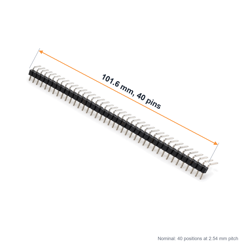 Full right-angle header strip with an arrow marking its 101.6mm length across 40 pins