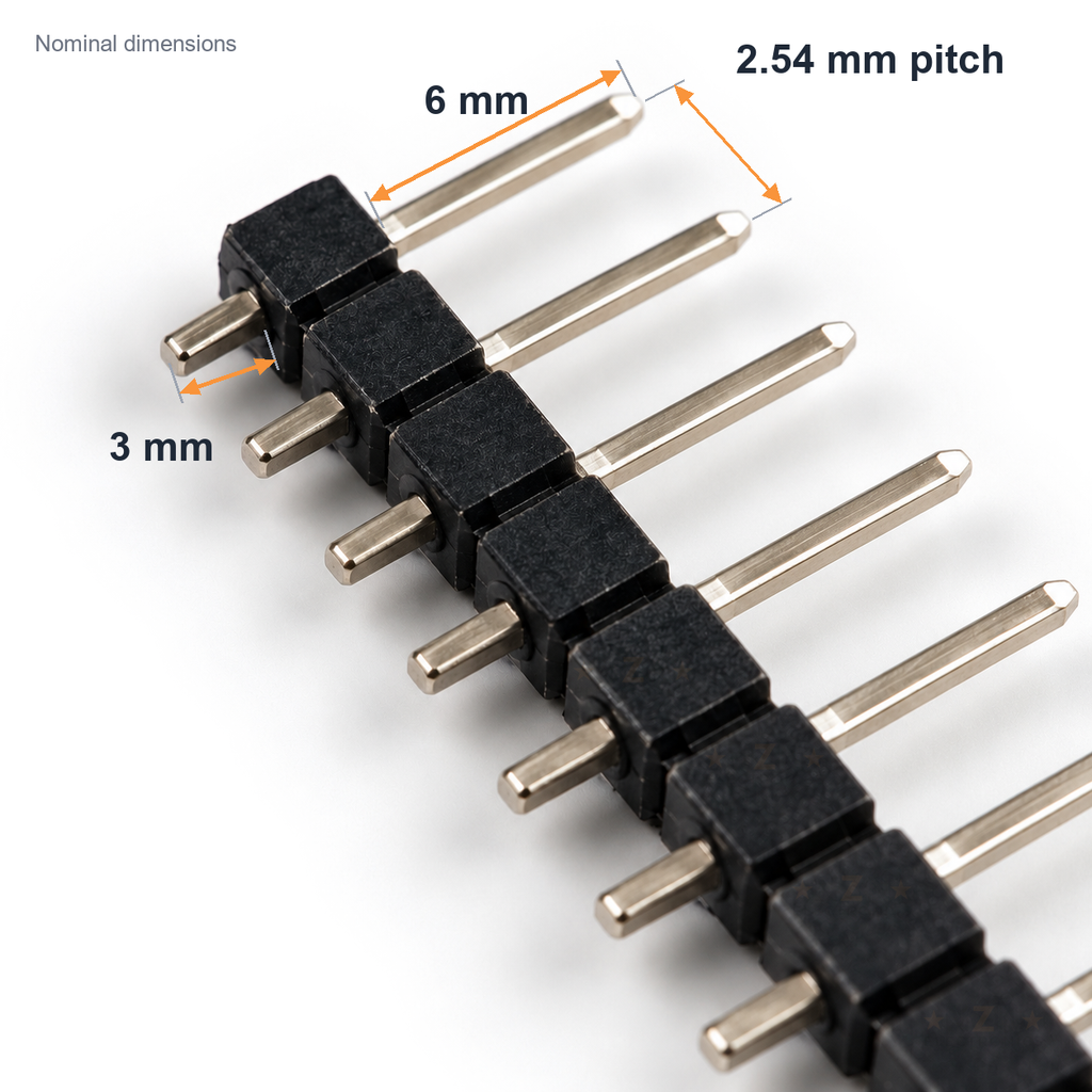 Straight header close-up marked with 2.54mm pitch, about 6mm mating pin length and about 3mm solder side length