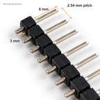 Straight header close-up marked with 2.54mm pitch, about 6mm mating pin length and about 3mm solder side length