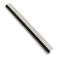 One 40-pin 2.54mm straight male header strip lying on its side, long pins on one side of the black plastic and short pins on the other