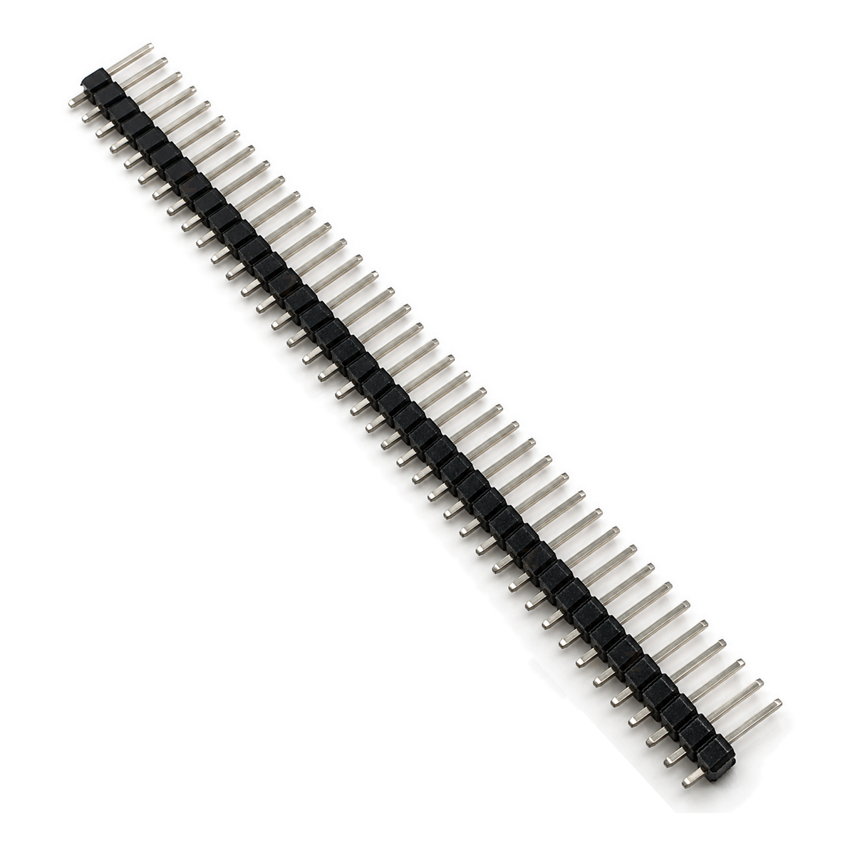 One 40-pin 2.54mm straight male header strip lying on its side, long pins on one side of the black plastic and short pins on the other