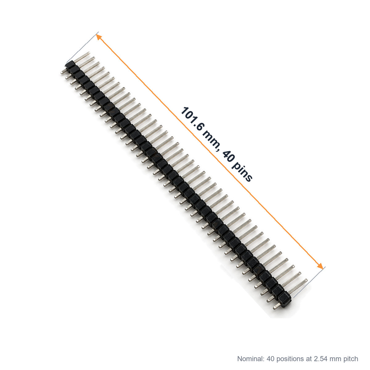 Full straight header strip with an arrow marking its 101.6mm length across 40 pins