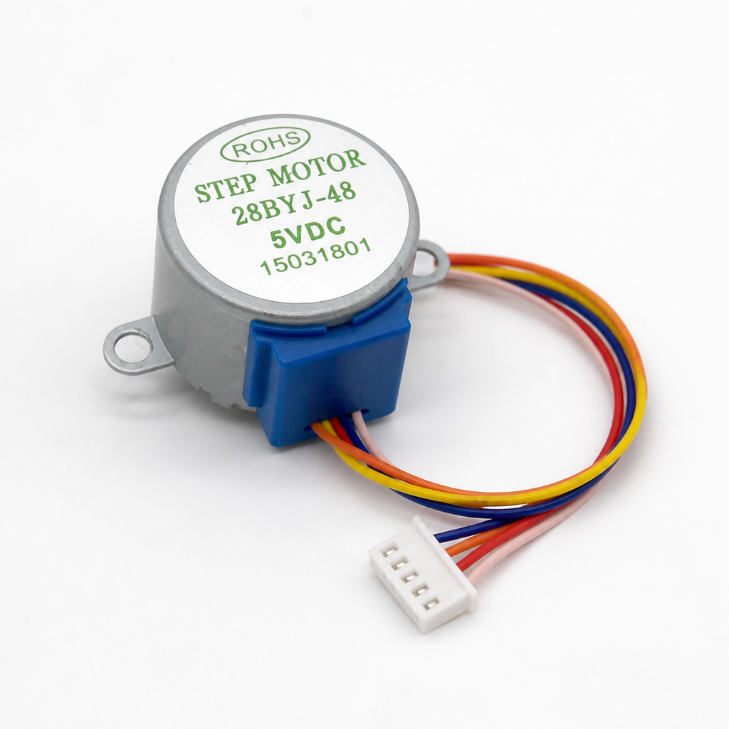 Rear three-quarter view of 28BYJ-48 5V stepper motor with five-wire lead