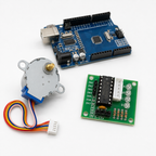 28BYJ-48 stepper motor and ULN2003 driver board beside a Uno-compatible controller