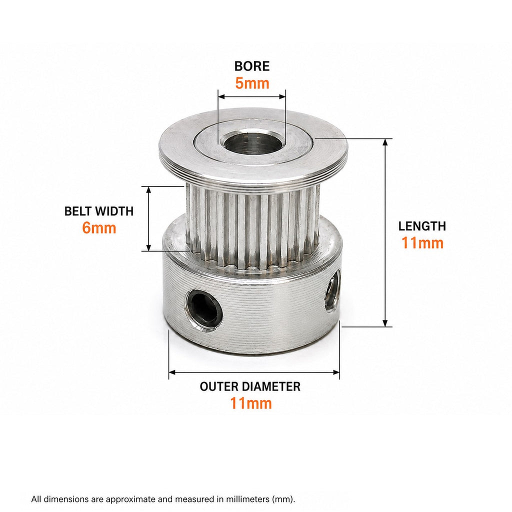GT2 20 tooth pulley dimensions: 5mm bore, 6mm belt width, 11mm outer diameter, 11mm length