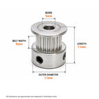 GT2 20 tooth pulley dimensions: 5mm bore, 6mm belt width, 11mm outer diameter, 11mm length