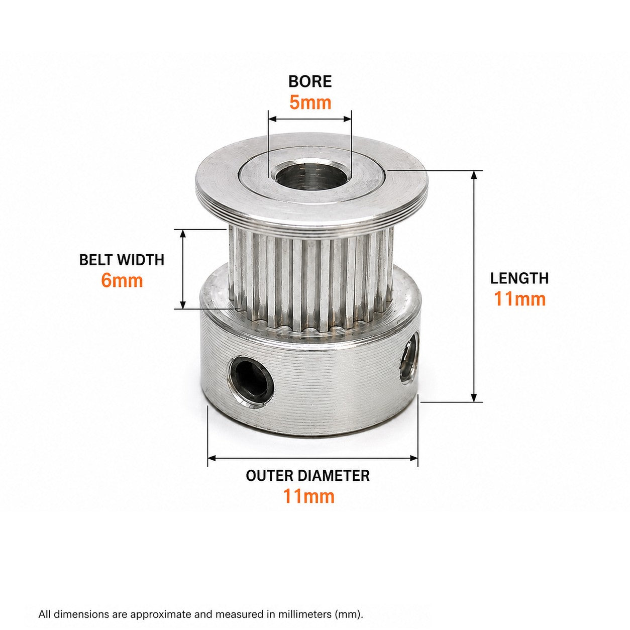 GT2 20 tooth pulley dimensions: 5mm bore, 6mm belt width, 11mm outer diameter, 11mm length