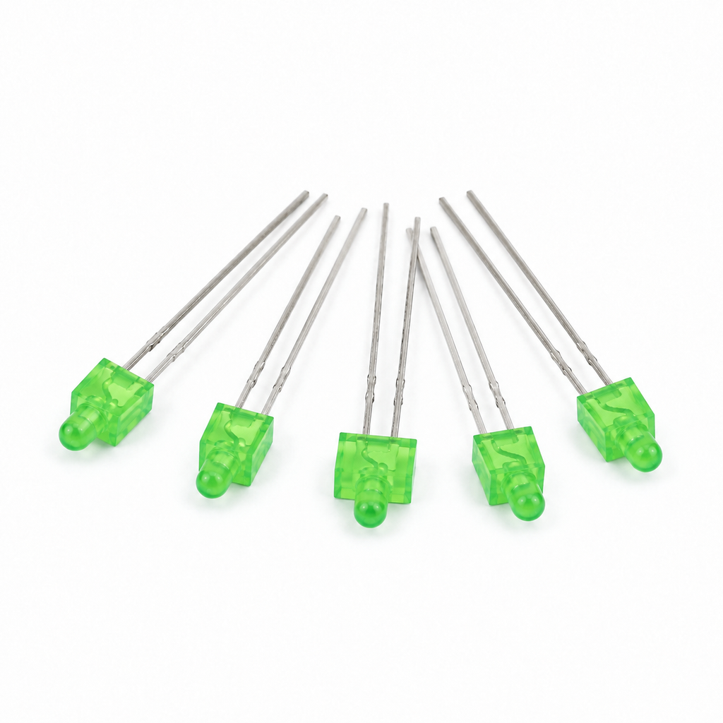 Five 2 mm green tower LEDs arranged on a white background
