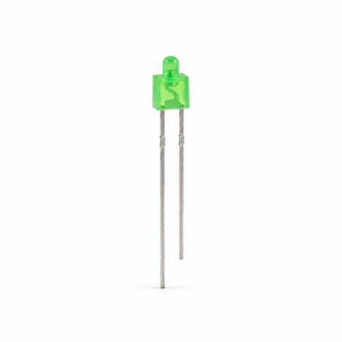 Single 2 mm green tower LED with two through-hole leads on a white background
