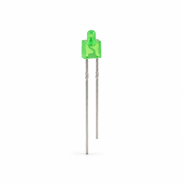 Single 2 mm green tower LED with two through-hole leads on a white background