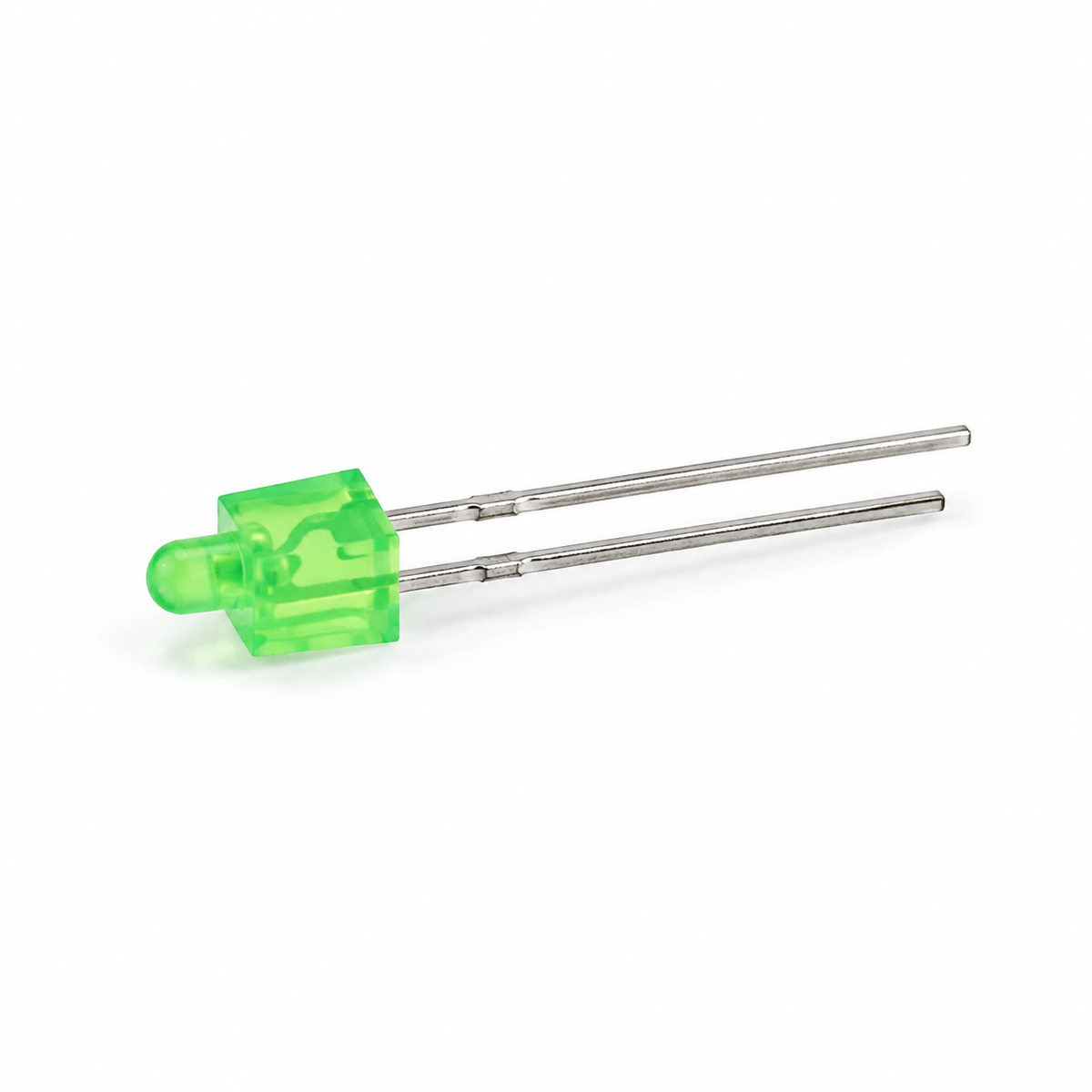 Side view of a 2 mm green tower LED showing its translucent body and two leads
