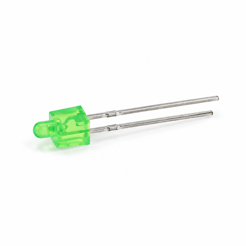 Side view of a 2 mm green tower LED showing its translucent body and two leads