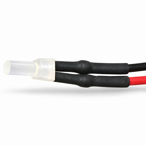 Close view of the flat-top 2mm white diffused LED and separate heat-shrink sleeves