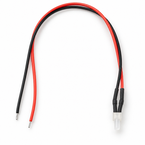 Full 2mm white diffused pre-wired LED with red and black leads on a white background