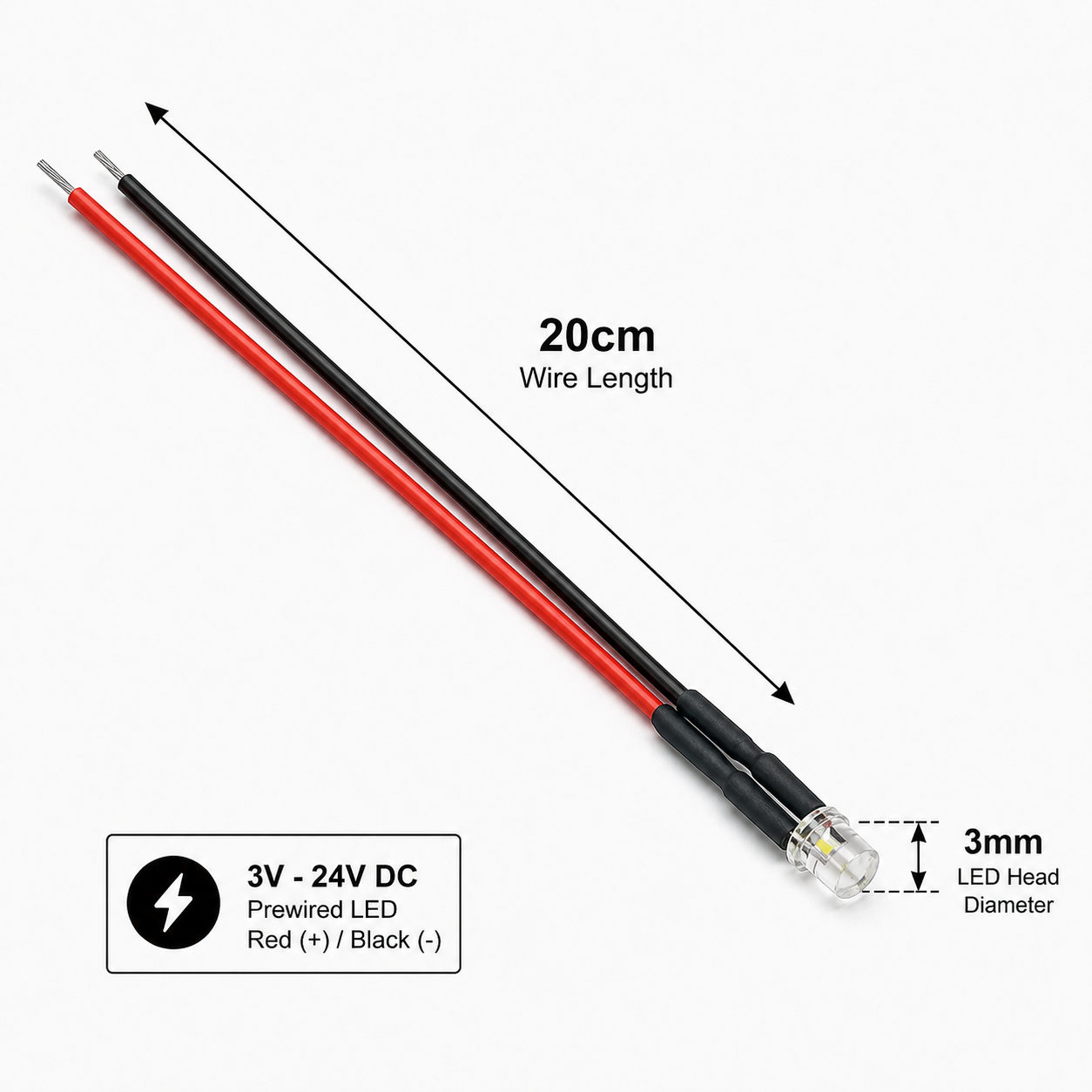 Pre-Wired Water Clear LED - 3mm Flat Top (3-24V DC)