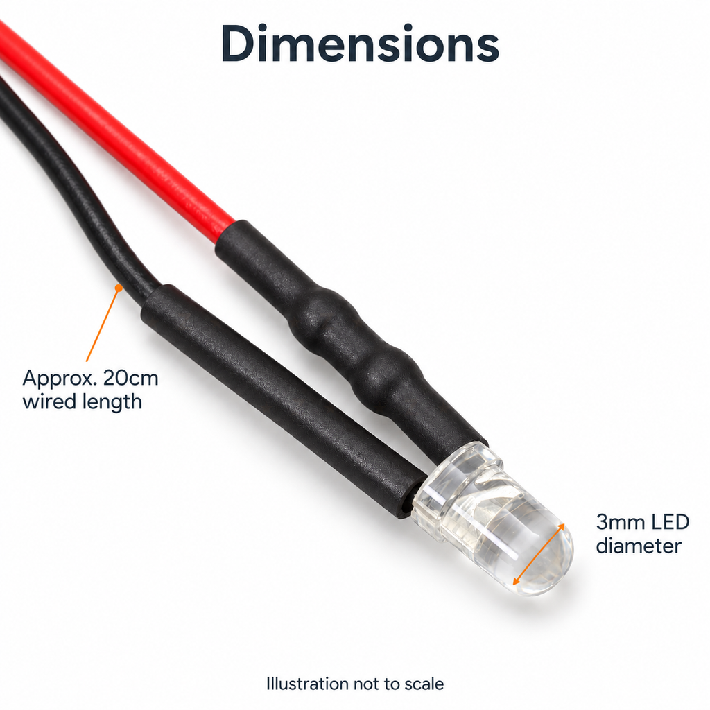 3mm round pre-wired LED dimensions: nominal 3mm LED diameter and approximately 20cm wired length, illustration not to scale