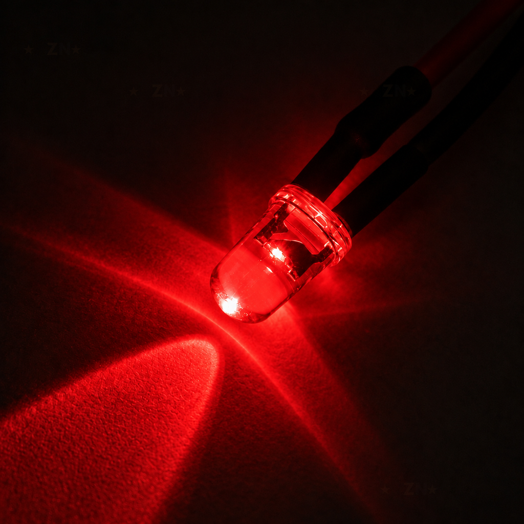 Red lit colour illustration of a 3mm round pre-wired water-clear LED