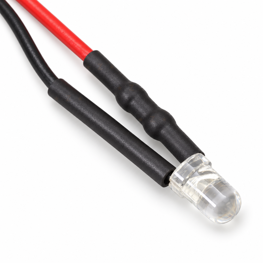 Close view of a 3mm water-clear LED lens with red and black leads