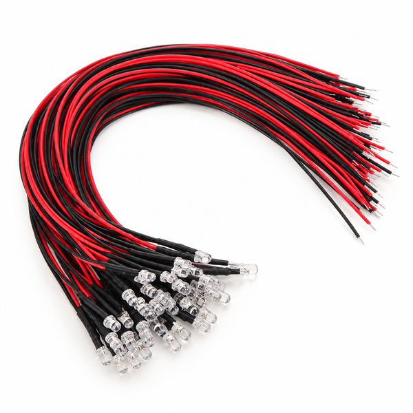 3mm water-clear pre-wired LED group with red and black leads