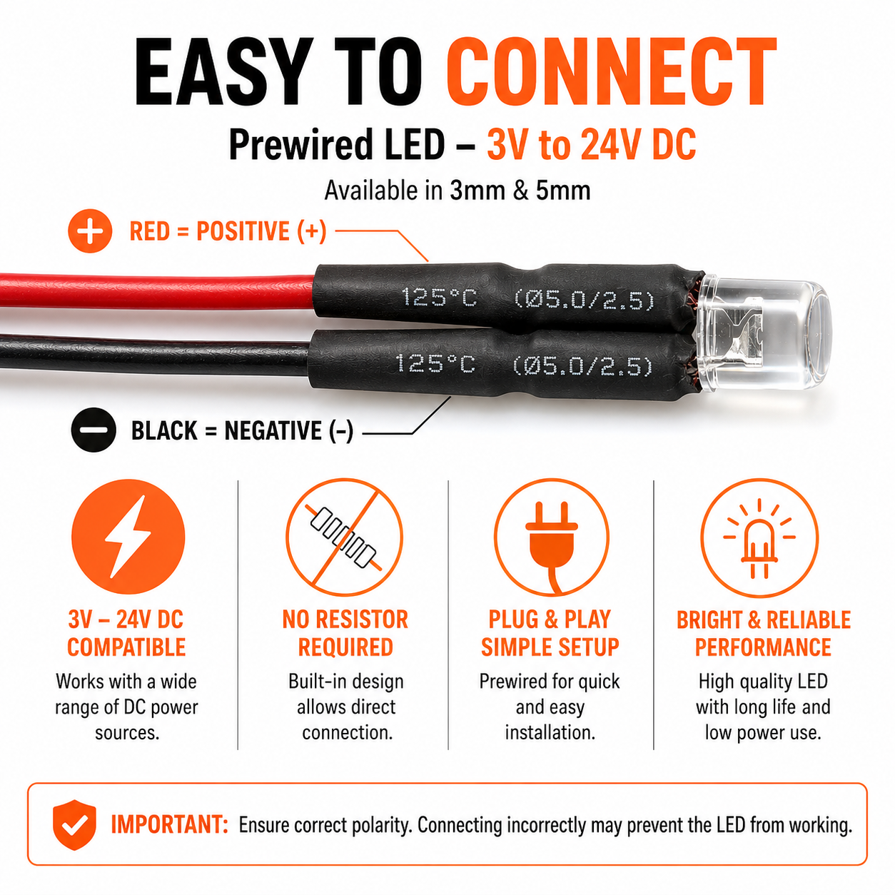 Pre-Wired Water Clear LED - 5mm Flat Top (3-24V DC)