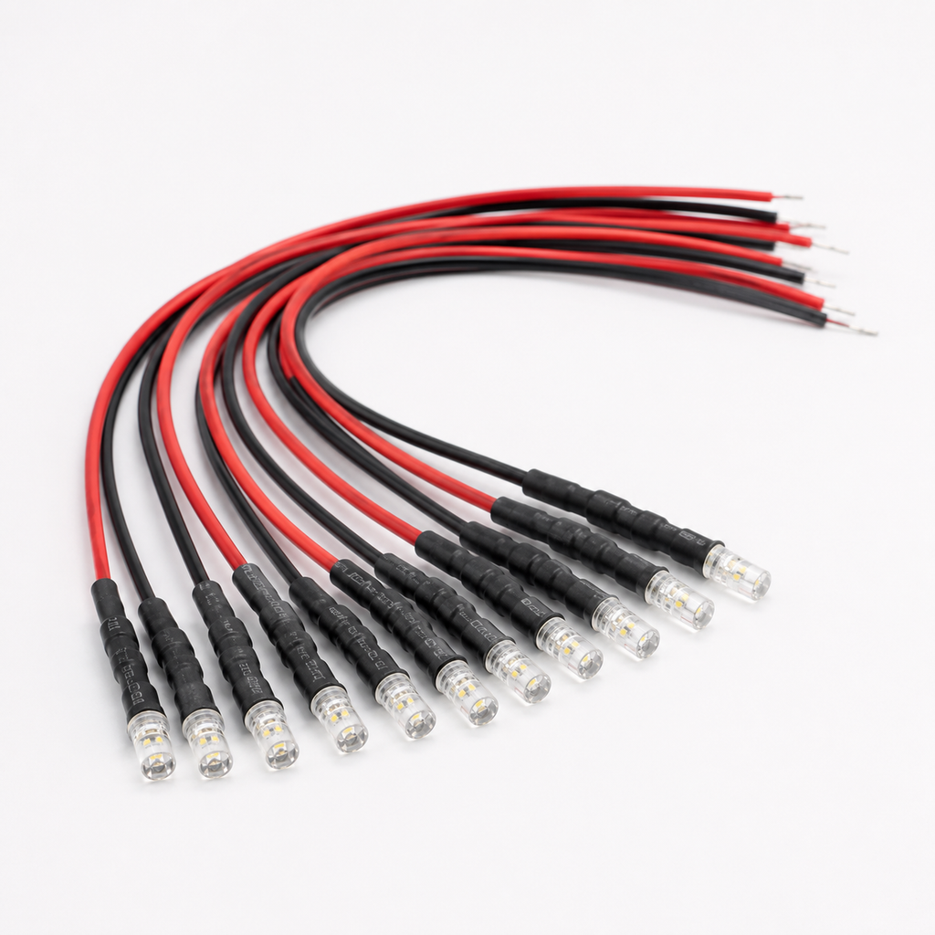 Pre-Wired Water Clear LED - 3mm Flat Top (3-24V DC)
