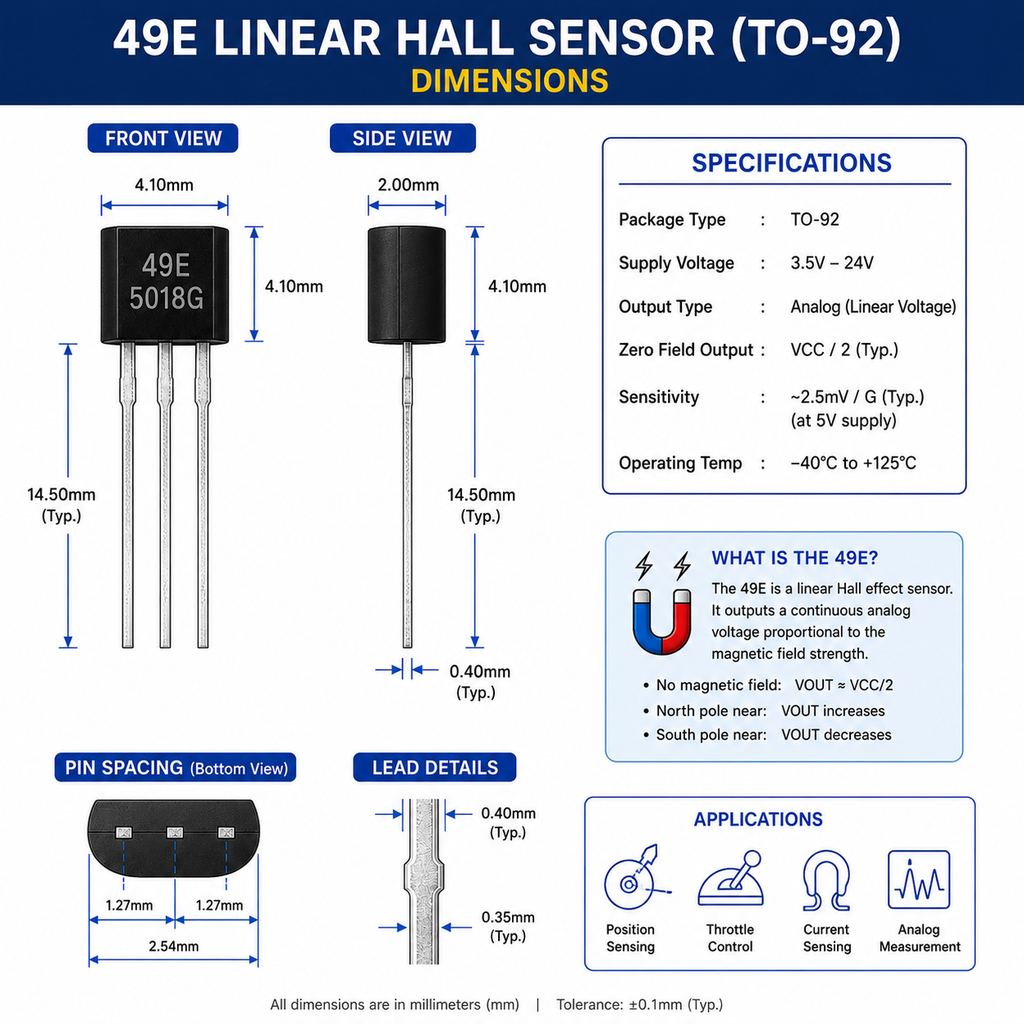 49E Linear Hall Effect Sensor TO-92 Analog Sensor