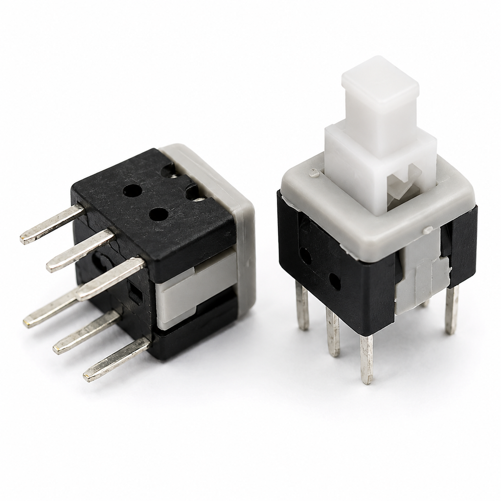 5.8x5.8mm 6-pin DPDT push button switch with white cap, front and side view