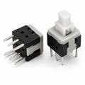 5.8x5.8mm 6-pin DPDT push button switch with white cap, front and side view