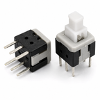 5.8x5.8mm 6-pin DPDT push button switch with white cap, front and side view