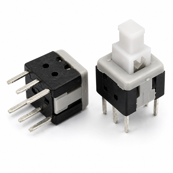 5.8x5.8mm 6-pin DPDT push button switch with white cap, front and side view