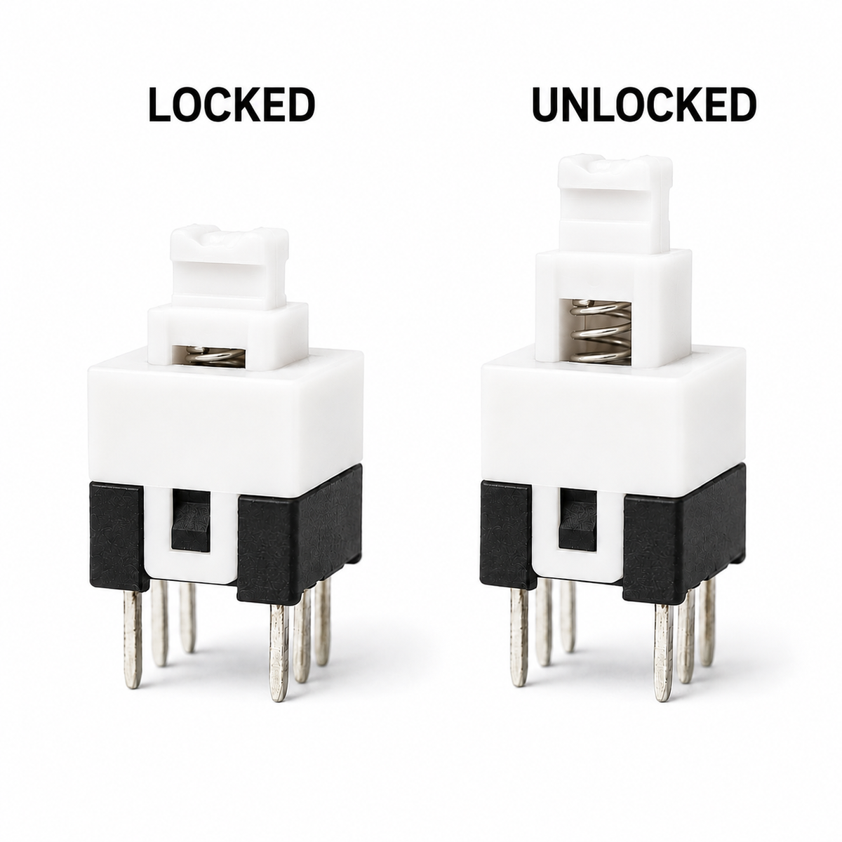 5.8x5.8mm push button switch shown locked and unlocked, self-locking latch action