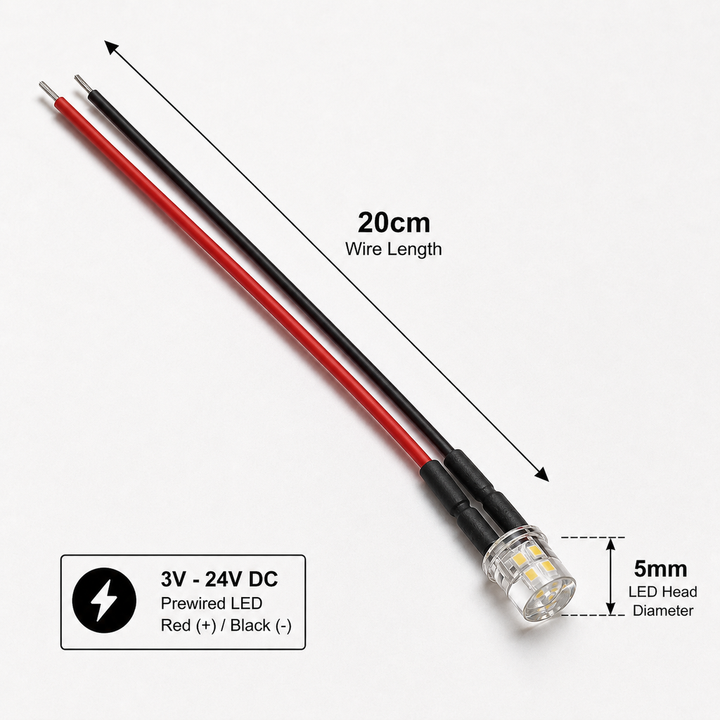 Pre-Wired Water Clear LED - 5mm Flat Top (3-24V DC)